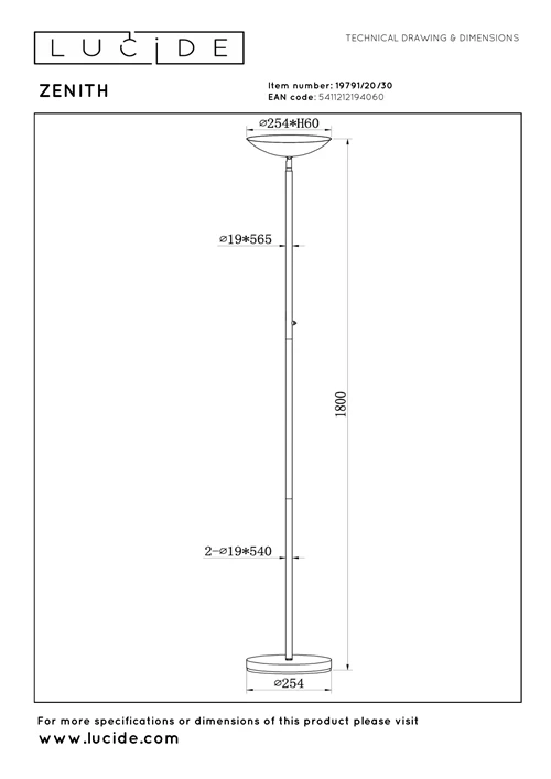 Lucide ZENITH - Vloerlamp - LED Dimb. - 1x20W 3000K - Zwart - technisch